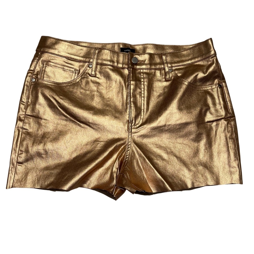 Express Skyscraper Mid Rise Metallic Rose Gold Bronze Denim Shorts Size 14R